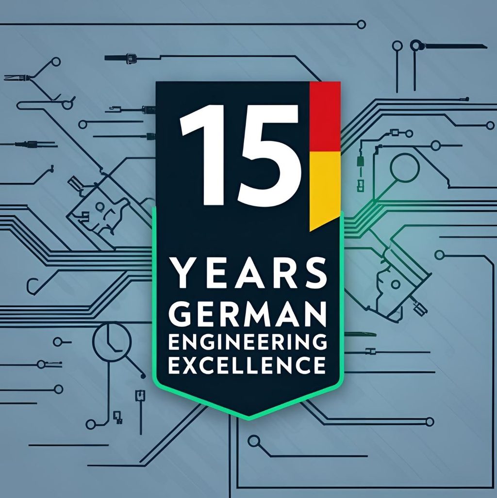 Badge reading "15 Years German Engineering Excellence" over a circuit board pattern
